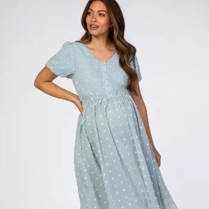 Baltic Born, Swiss Dot Maternity MIDI Dress, XL, Light Blue, New with Tags